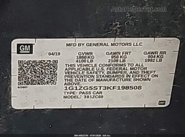 1G1ZG5ST3KF198508 2019 CHEVROLET MALIBU Gray Շարժիչի բաժամունքի տեսք