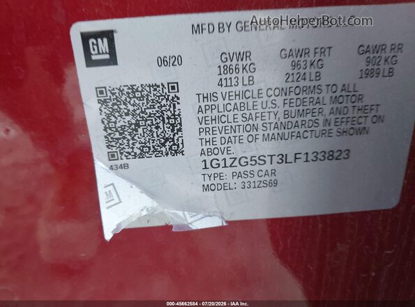 1G1ZG5ST3LF133823 2020 CHEVROLET MALIBU Красный Вид подкапотного пространства