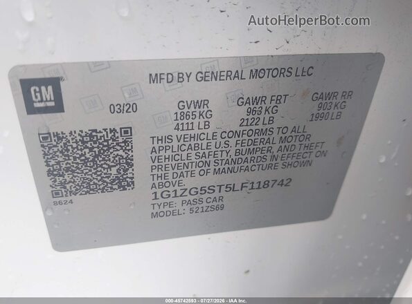 1G1ZG5ST5LF118742 2020 CHEVROLET MALIBU Белый Вид подкапотного пространства