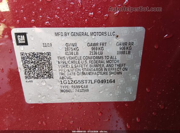 1G1ZG5ST7LF049164 2020 CHEVROLET MALIBU Red Widok naklejki z numerem VIN
