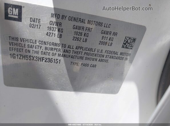 1G1ZH5SX3HF236151 2017 CHEVROLET MALIBU Белый Вид подкапотного пространства