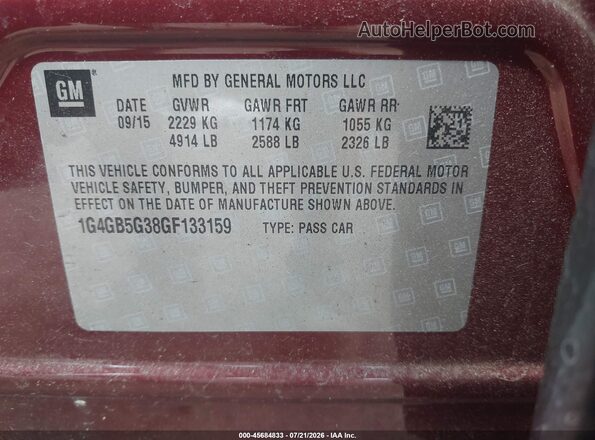 1G4GB5G38GF133159 2016 BUICK LACROSSE Burgundy ძრავის განყოფილების ხედი