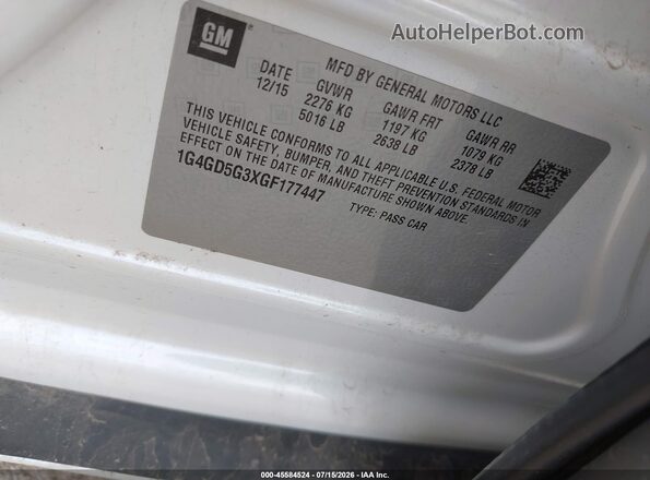 1G4GD5G3XGF177447 2016 BUICK LACROSSE Белый Вид наклейки с VIN-кодом