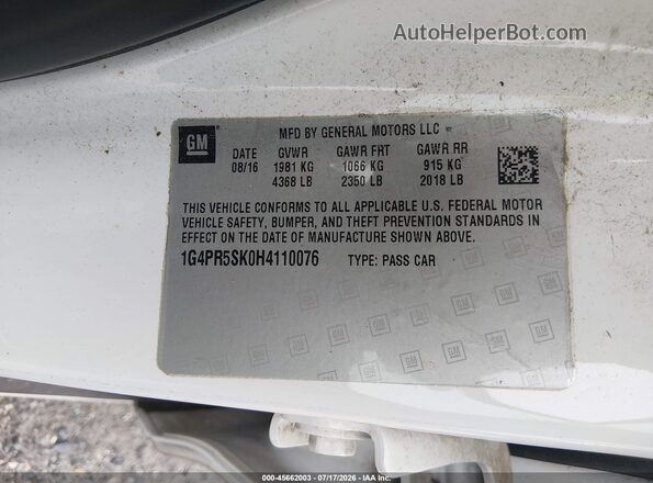 1G4PR5SK0H4110076 2017 BUICK VERANO White ძრავის განყოფილების ხედი