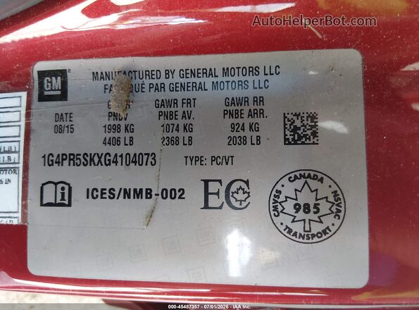 1G4PR5SKXG4104073 2016 BUICK VERANO Красный Вид подкапотного пространства