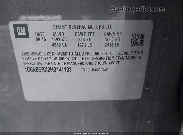1G6AB5RX2H0141193 2017 CADILLAC ATS Gray ძრავის განყოფილების ხედი