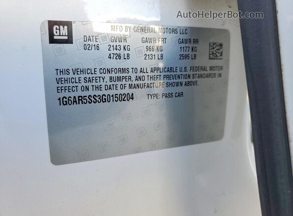 1G6AR5SS3G0150204 2016 CADILLAC CTS White ძრავის განყოფილების ხედი