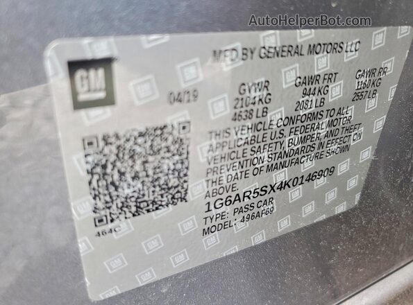 1G6AR5SX4K0146909 2019 CADILLAC CTS Charcoal Vista de la etiqueta del VIN