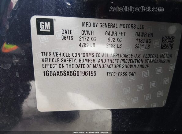 1G6AX5SX5G0196196 2016 CADILLAC CTS Blue ძრავის განყოფილების ხედი