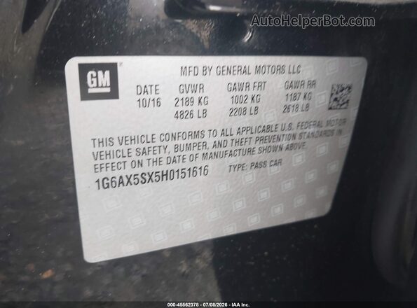 1G6AX5SX5H0151616 2017 CADILLAC CTS Black Engine compartment view