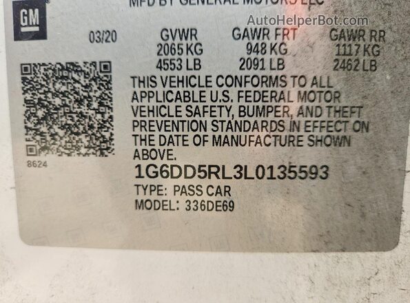 1G6DD5RL3L0135593 2020 CADILLAC CT4 Белый Вид наклейки с VIN-кодом