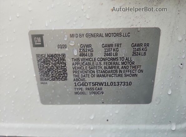 1G6DT5RW1L0137310 2020 CADILLAC CT5 White VIN կոդի պիտակի տեսք