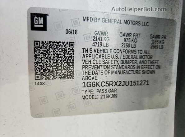 1G6KC5RX2JU151271 2018 CADILLAC CT6 White VIN კოდის სტიკერის ხედი