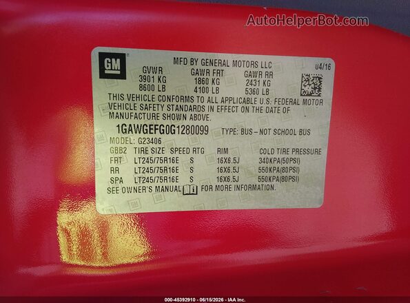 1GAWGEFG0G1280099 2016 CHEVROLET EXPRESS Red Widok komory silnika