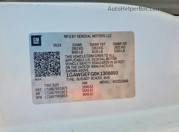 1GAWGEFG0K1308850 2019 CHEVROLET EXPRESS White Widok naklejki z numerem VIN