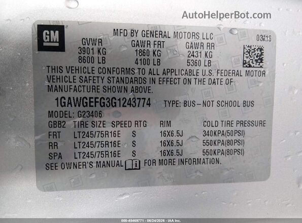 1GAWGEFG3G1243774 2016 CHEVROLET EXPRESS Silver Widok komory silnika