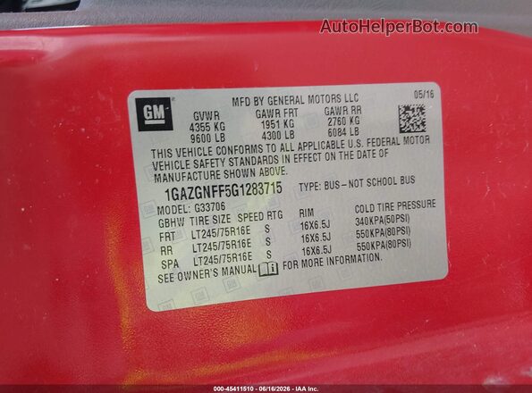 1GAZGNFF5G1283715 2016 CHEVROLET EXPRESS Red ძრავის განყოფილების ხედი