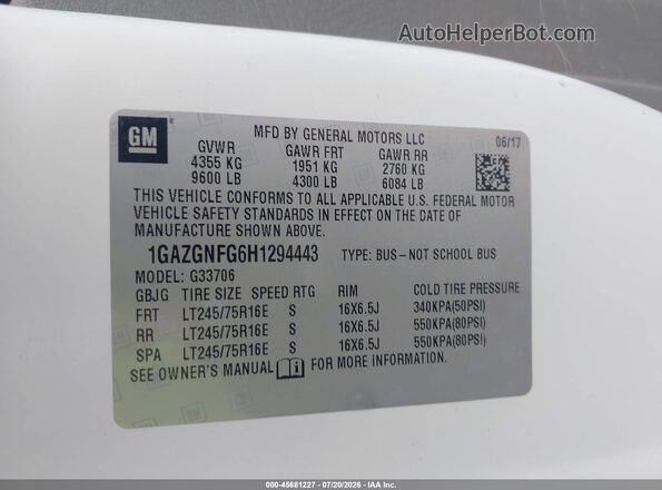 1GAZGNFG6H1294443 2017 CHEVROLET EXPRESS White ძრავის განყოფილების ხედი