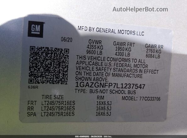 1GAZGNFP7L1237547 2020 CHEVROLET EXPRESS Gray Вид підкапотного простору