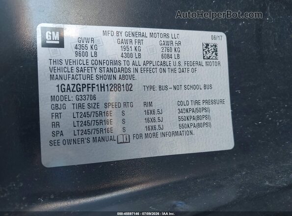 1GAZGPFF1H1288102 2017 CHEVROLET EXPRESS Black ძრავის განყოფილების ხედი