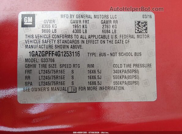 1GAZGPFF4G1253116 2016 CHEVROLET EXPRESS Red Вид підкапотного простору