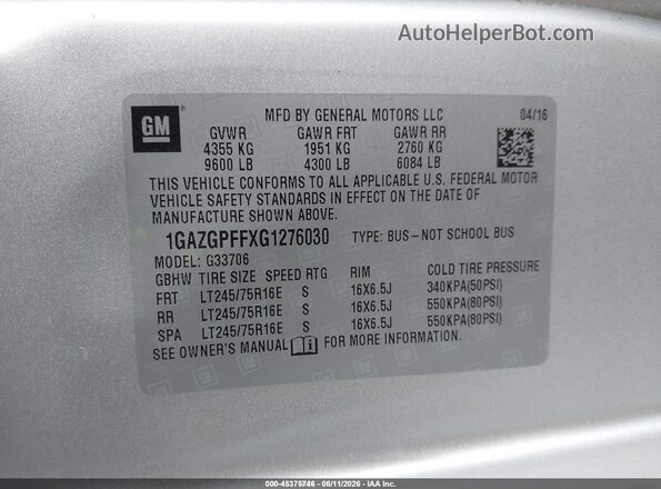 1GAZGPFFXG1276030 2016 CHEVROLET EXPRESS Silver Շարժիչի բաժամունքի տեսք