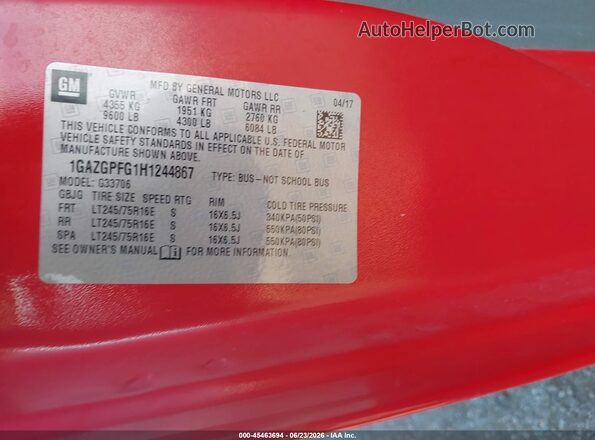 1GAZGPFG1H1244867 2017 CHEVROLET EXPRESS Red ძრავის განყოფილების ხედი