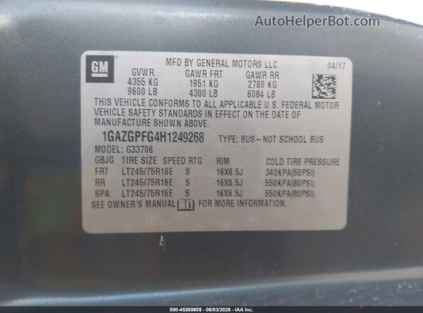 1GAZGPFG4H1249268 2017 CHEVROLET EXPRESS Gray Շարժիչի բաժամունքի տեսք
