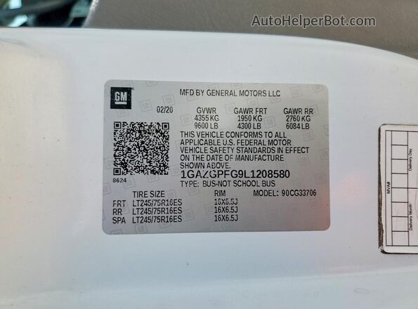 1GAZGPFG9L1208580 2020 CHEVROLET EXPRESS White Widok wnętrza 360 stopni