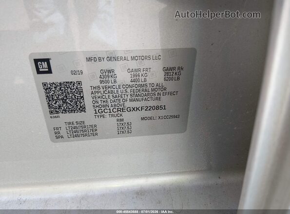 1GC1CREGXKF220851 2019 CHEVROLET SILVERADO Silver Շարժիչի բաժամունքի տեսք