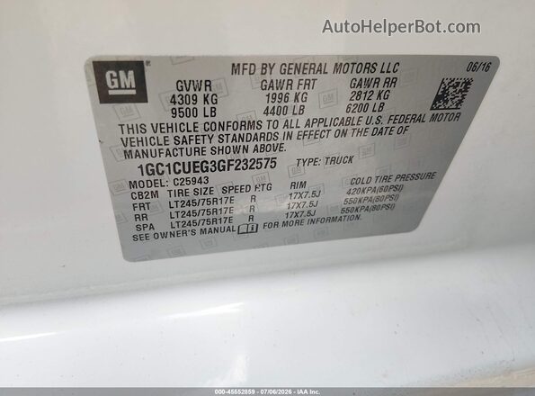 1GC1CUEG3GF232575 2016 CHEVROLET SILVERADO White Vista del compartimento del motor