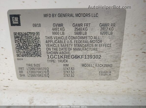 1GC1KREG6KF139302 2019 CHEVROLET SILVERADO White ძრავის განყოფილების ხედი