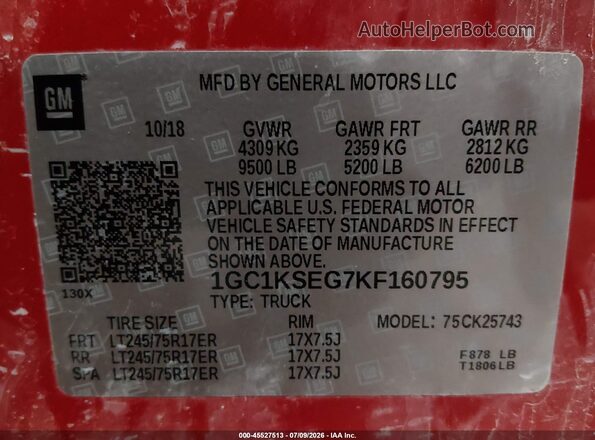 1GC1KSEG7KF160795 2019 CHEVROLET SILVERADO Красный Вид подкапотного пространства