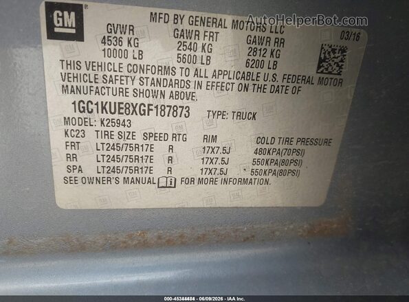 1GC1KUE8XGF187873 2016 CHEVROLET SILVERADO Light Blue ძრავის განყოფილების ხედი