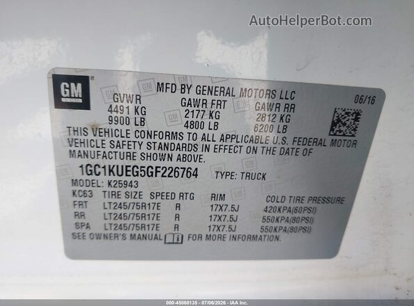 1GC1KUEG5GF226764 2016 CHEVROLET SILVERADO White Widok komory silnika