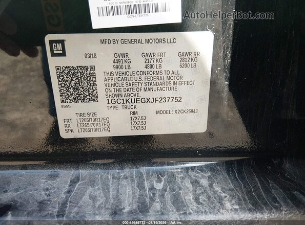 1GC1KUEGXJF237752 2018 CHEVROLET SILVERADO Black Vista del compartimento del motor