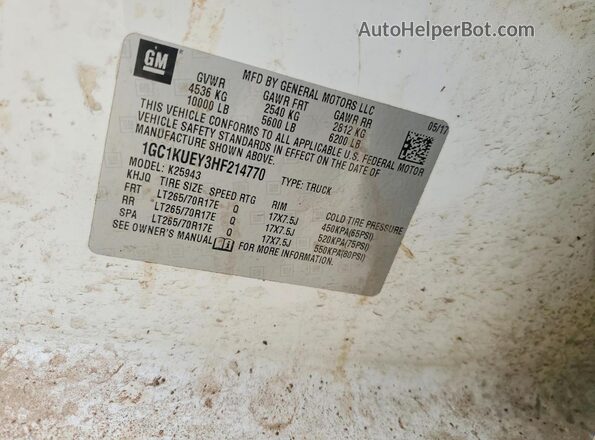 1GC1KUEY3HF214770 2017 CHEVROLET SILVERADO White VIN sticker view