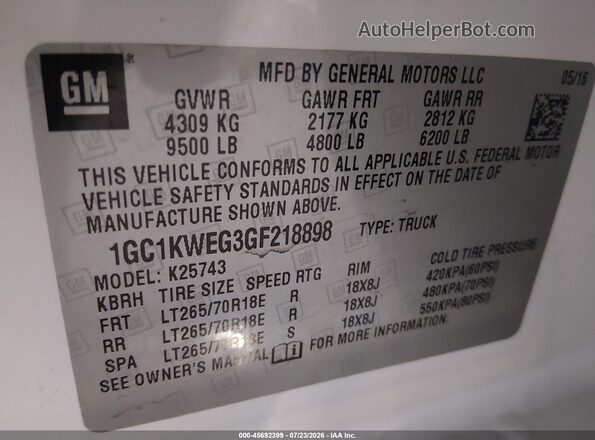 1GC1KWEG3GF218898 2016 CHEVROLET SILVERADO White Շարժիչի բաժամունքի տեսք