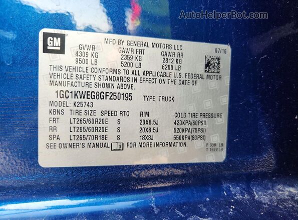 1GC1KWEG8GF250195 2016 CHEVROLET SILVERADO Blue Vista del compartimento del motor