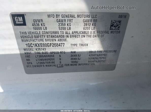 1GC1KXE80GF268477 2016 CHEVROLET SILVERADO White ძრავის განყოფილების ხედი