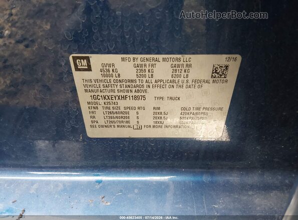 1GC1KXEYXHF118975 2017 CHEVROLET SILVERADO Blue Widok komory silnika