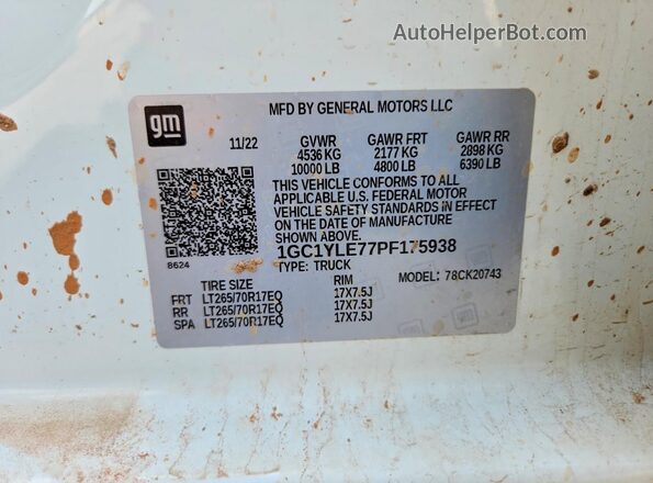 1GC1YLE77PF175938 2023 CHEVROLET SILVERADO White VIN კოდის სტიკერის ხედი