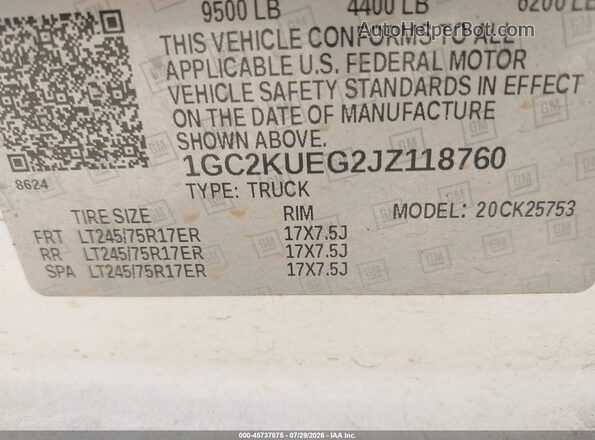 1GC2KUEG2JZ118760 2018 CHEVROLET SILVERADO White Widok komory silnika