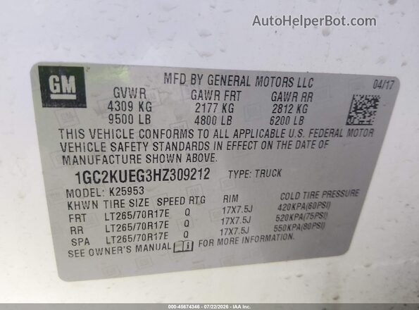 1GC2KUEG3HZ309212 2017 CHEVROLET SILVERADO White ძრავის განყოფილების ხედი