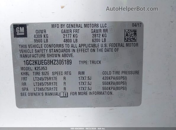 1GC2KUEG8HZ306189 2017 CHEVROLET SILVERADO White Շարժիչի բաժամունքի տեսք