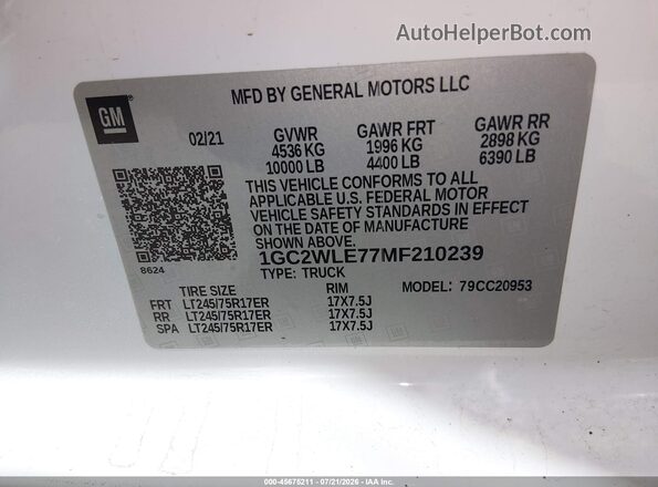 1GC2WLE77MF210239 2021 CHEVROLET SILVERADO White Вид підкапотного простору