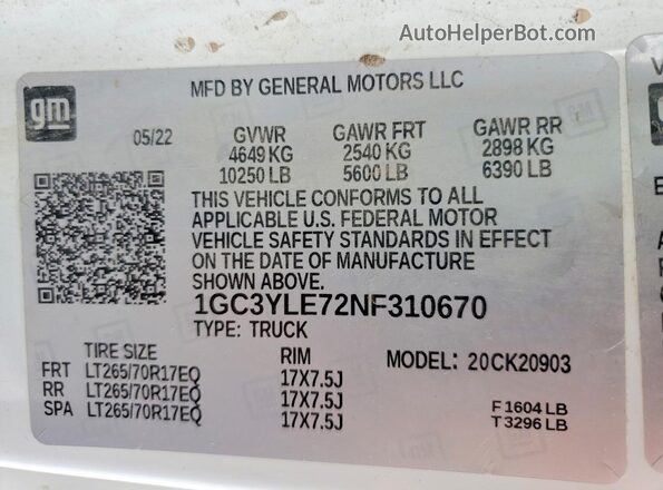 1GC3YLE72NF310670 2022 CHEVROLET SILVERADO White Вид підкапотного простору