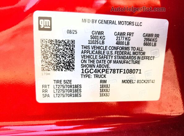 1GC4KPE78TF108071 2026 CHEVROLET SILVERADO Red Vista de la etiqueta del VIN