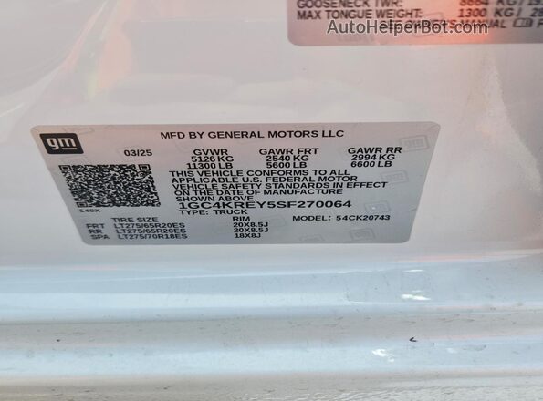 1GC4KREY5SF270064 2025 CHEVROLET SILVERADO White VIN sticker view