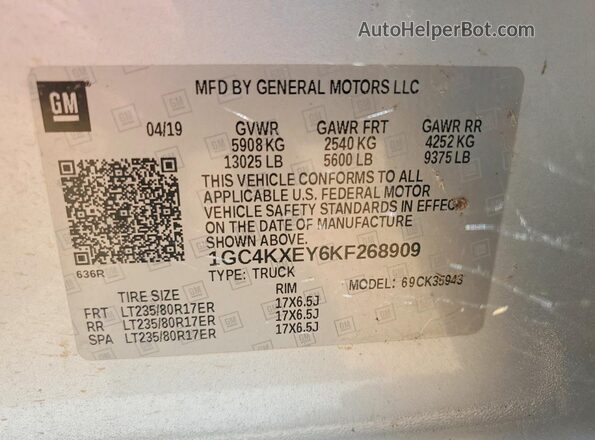 1GC4KXEY6KF268909 2019 CHEVROLET SILVERADO Silver Շարժիչի բաժամունքի տեսք